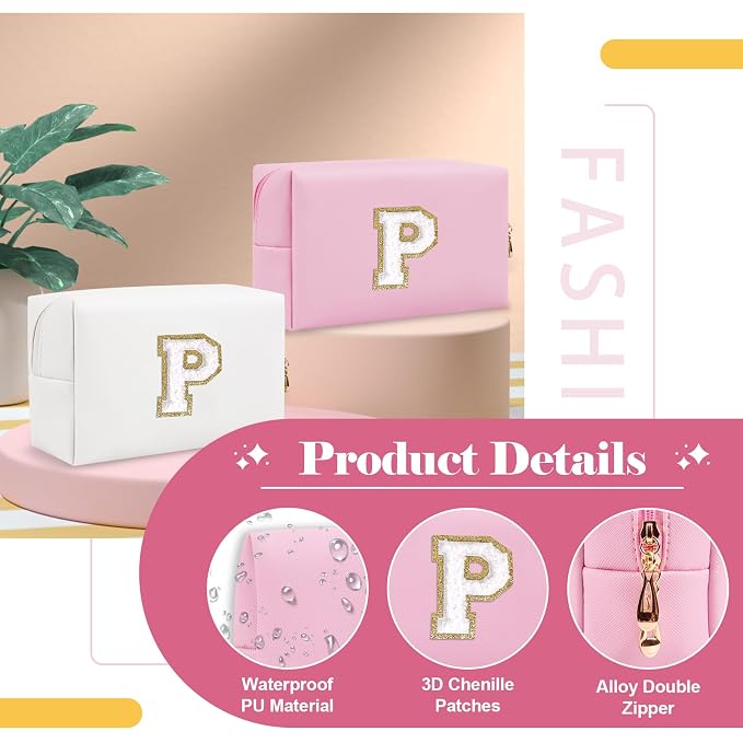 Personalized Initial A-Z Preppy Patch Makeup Bag,Small PU Chenille Letter Cosmetic Bag with Zipper for Teen Girls,Pink Cute Toiletry Organizer Bag,Monogram Makeup Case Gift for Women Girls,Letter P
