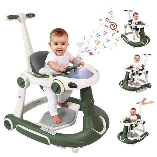 Baby Walker, 4-in-1 Baby Walker with Wheels Portable, Foldable Infant Toddler Walker for Boys Girls 6-18 Month,Removable Footrest,Car Steering Wheel & Music, Adjustable Push Walker Pink Green