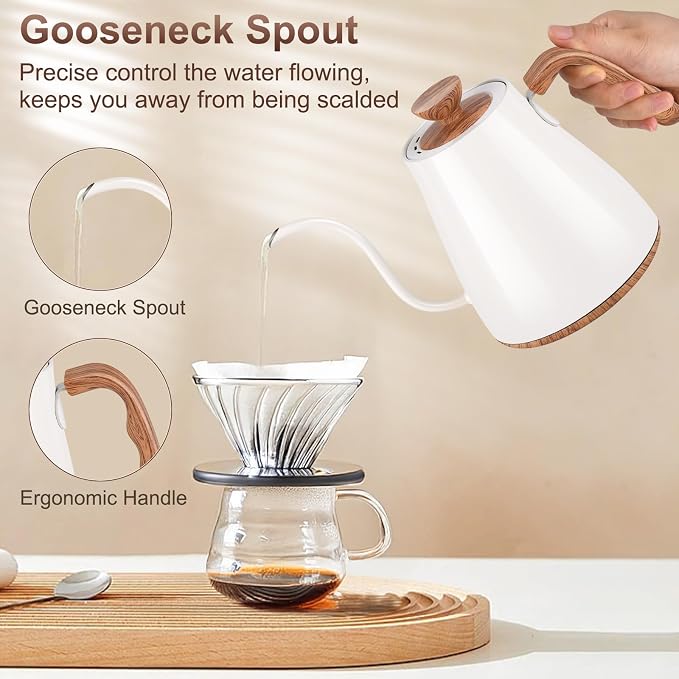 Gooseneck Electric Kettle, Intelligent Temperature Control, Stainless Steel Inner, Quick Heating, for Pour Over Coffee, Brew Tea, Boil Hot Water, 1000W 0.9L Cream White