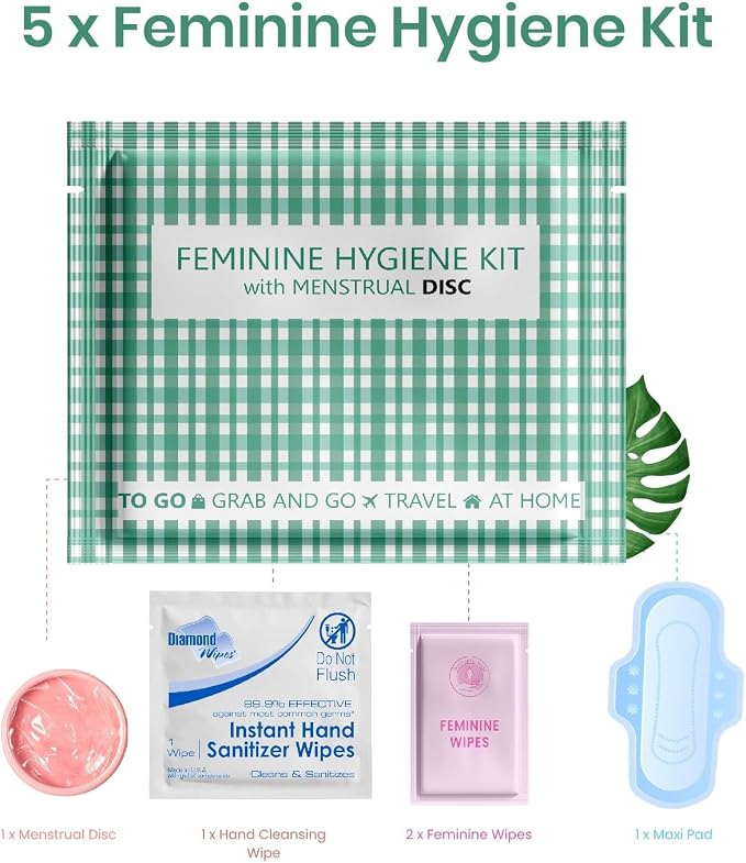 Menstrual Disc Kit with Pad - 5 Pack | Convenience on the Go | Period Kit Pack for Travelling Out of the House | Covers All Flows | Individually Wrapped Feminine Hygiene Care Products (Green Plaid)