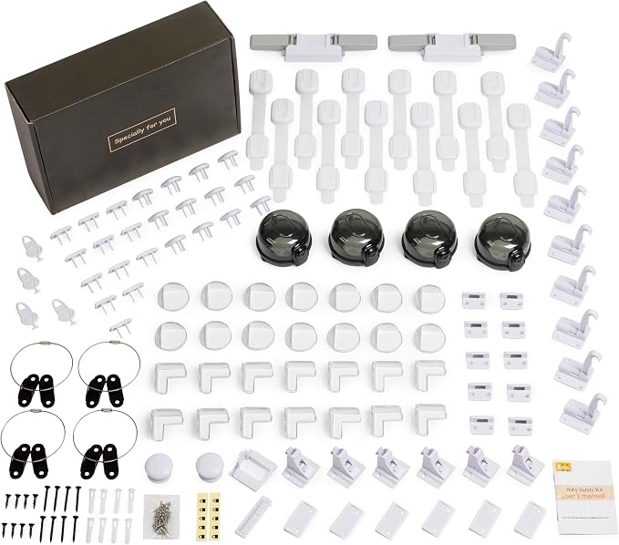 Baby Proofing Kit 112 Pack – Complete Baby Proofing Essentials Set with Magnetic Cabinet Locks, Door Lever Lock, Stove Knob Safety Covers, Corner Protectors, Outlet Plug Covers & Furniture Straps