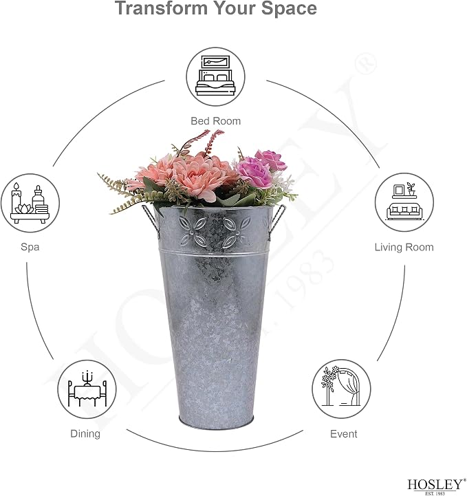 Hosley Set of 3 Galvanized Metal Vases, 12” Tall x 6.5” Dia French Bucket Style, Rustic Farmhouse Flower Vase for Weddings, Events, Home Décor