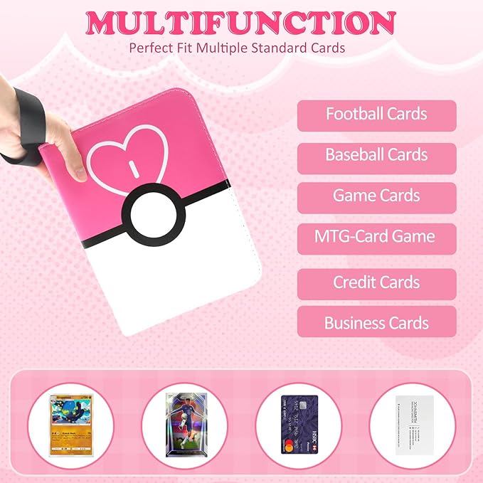 4 Pockets Trading Card Binder, 400 Card Holders with 50 Removable Sleeves, Portable Card Binder Album with zipper, Card holder Book for Game, Sport Collection (Light Pink)