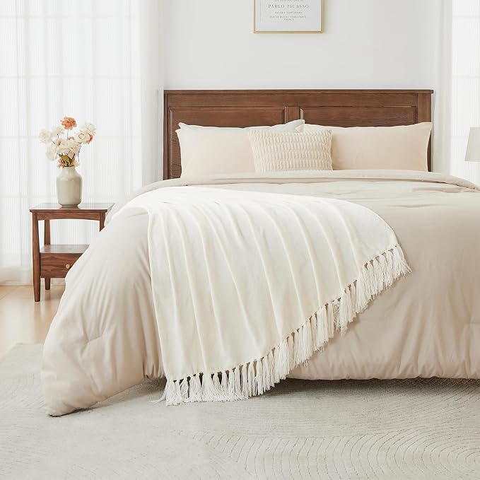 CozeCube Chenille Throw Blanket, Cream White Fringe Blanket, 50"X60" | For Couch, Cozy Plush Fuzzy Decorative Blanket with Fringe Tassels, Lightweight Throws for Bed Sofa Gift Home Decor