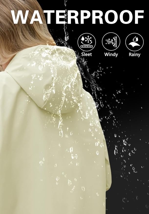 Zando Long Packable Rain Jacket Women Waterproof Raincoat with Hood | Relaxed-Fit Lightweight Windbreaker for Women; Travel Rain Coats for Commute, Hiking, Cruise, and Daily wear