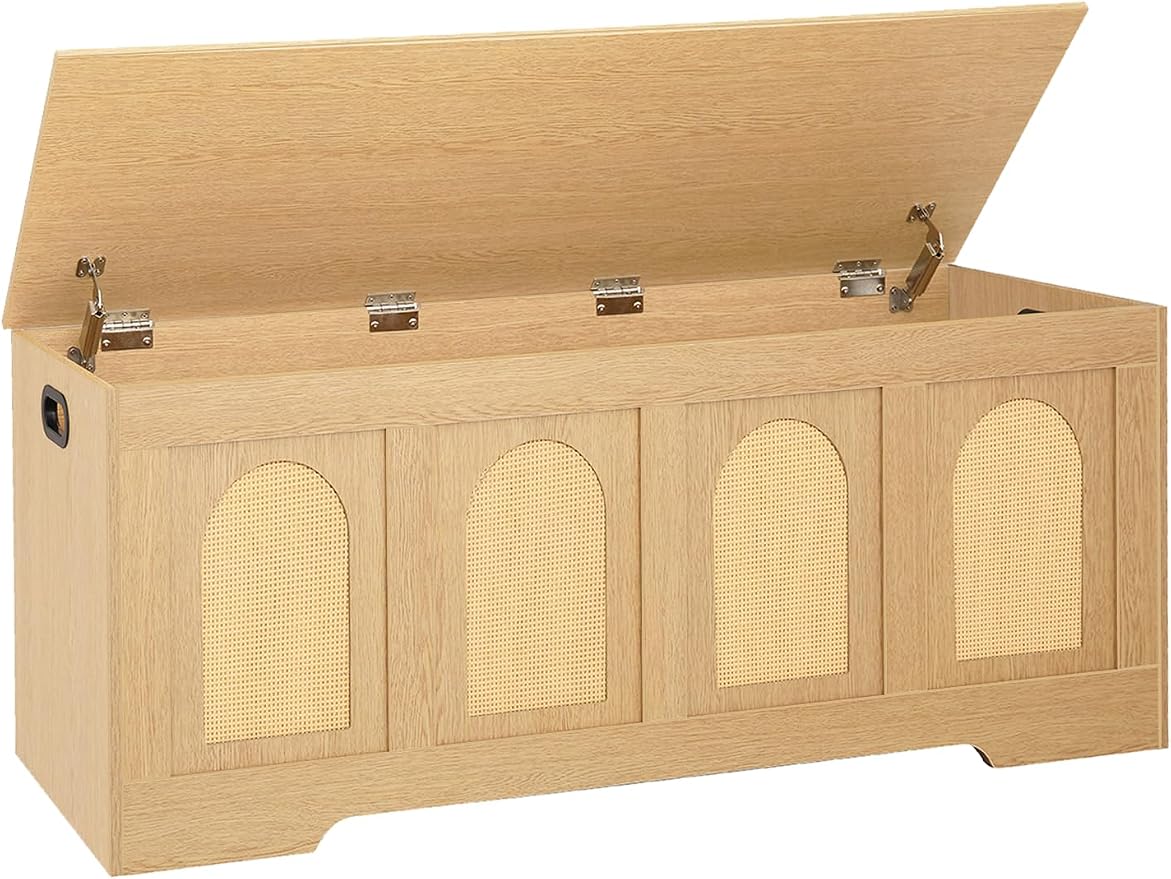 Storage Chest, Wooden Toy Box, Natural Oak 47.2" L | Entryway Shoe Bench, 2 Safety Hinges, Finger-safe Flip-Top, Easy Assembly, Farmhouse Large Trunk, Rattan, Living Room/Bedroom