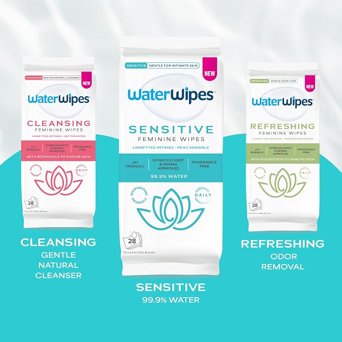 WaterWipes Sensitive Feminine Wipes, 99.9% Purified Water, pH Friendly for Daily Intimate Care, Gynecologist Approved, Fragrance Free, 28 Count