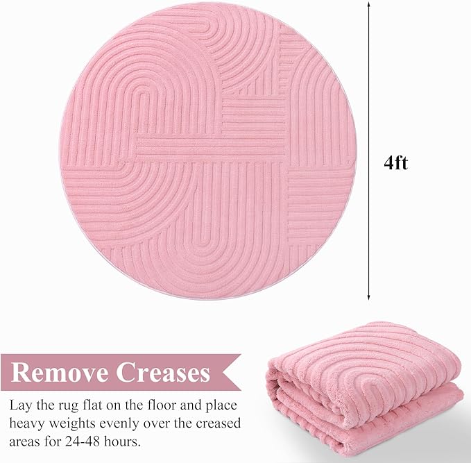 Pauwer 4ft Area Rugs for Living Room, Modern Non Slip Washable Rug, Pink | Arch Pattern, Soft Fluffy, Neutral, Boho Accent, Indoor Round Floor Carpet, For Kids Room Dining Room Nursery Entryway