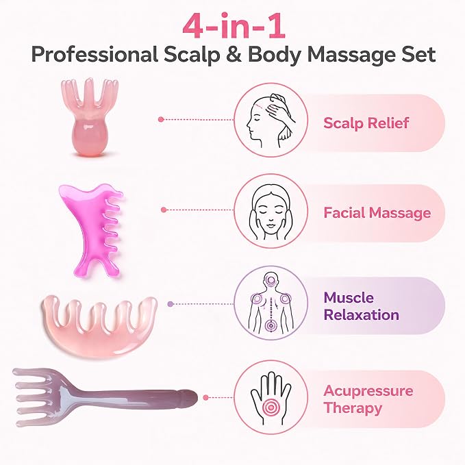 4 Pcs All-in-One Head Massager Set: Scalp Comb, Gua Sha, Octopus & Five Claw Tool for Stress Relief, Relaxation, Acupressure - Gift for Christmas, Birthday, Mother's Day, Father's Day (Pink)