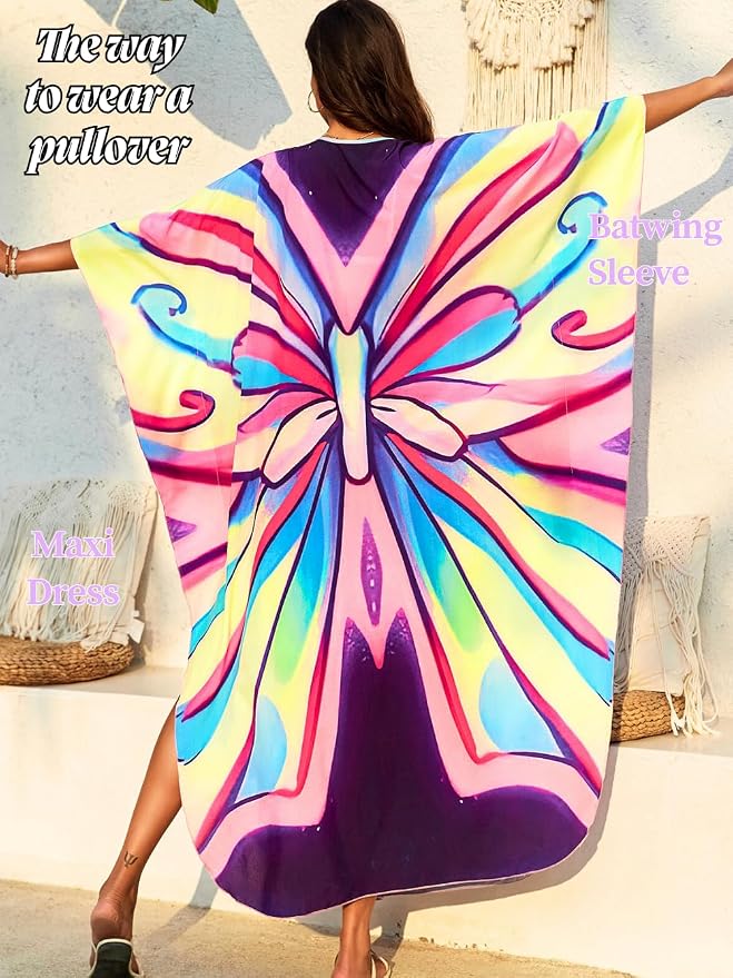 ChiaoLezhee Print Moo-Moos for Women, Kaftan Cover-Up Dresses, Sexy V-Neck High-Slit, Beach Pool-Party Coverups Muumuu Plus