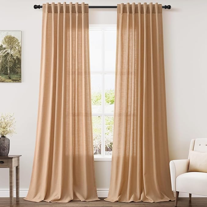 Nanspring Camel Linen Curtains for Living Room 105 Inches Long Back Tab and Rod Pocket Light Filtering Semi Sheer Vintage Rustic Curtain Luxury Boho Decor Drapes for Bedroom Office 52x105, 2 Panels