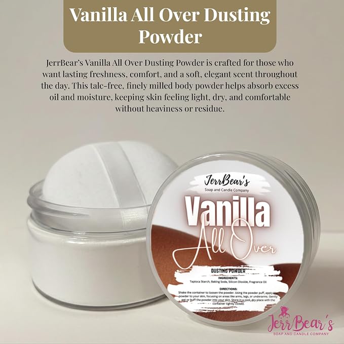 Vanilla All Over Dusting Powder for Women, 4oz Jar | Talc Free Body Formula, Soft Scented Skin Care, Gentle Powder for Daily Freshness, Includes Puff Application