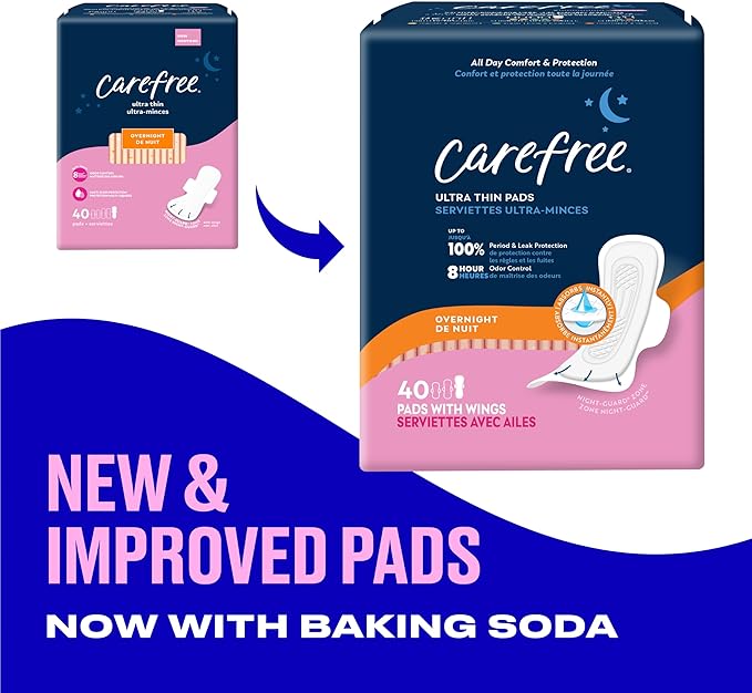 Carefree Ultra Thin Pads for Women, Overnight with Wings | Feminine Care & Postpartum Protection | 40ct (Pack of 1)