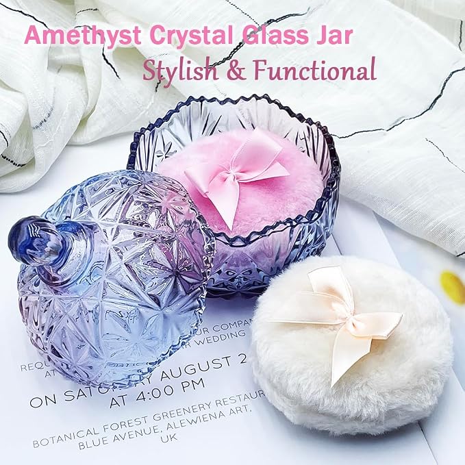 4" Glass Dusting Powder Container with 2 Fluffy Puffs,Cute 3.5" Soft Body Powder Puff and Jar Set(Crown-colorful purple)