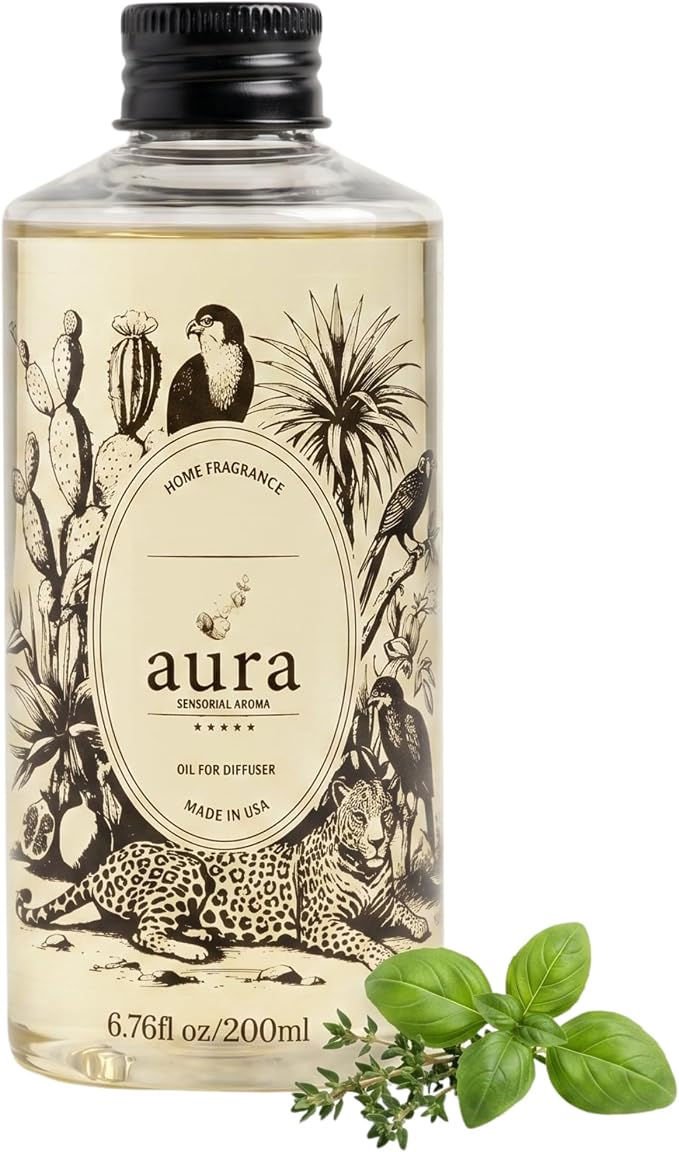 A U R A - Ponza Fragrance Oil for Waterless Scent Diffuser - Inspired by J. Malone Lime Basil Mandarin | 6.7 fl oz / 200 ml Essential Oil Blend for Aromatherapy & Hotel Collection Diffuser