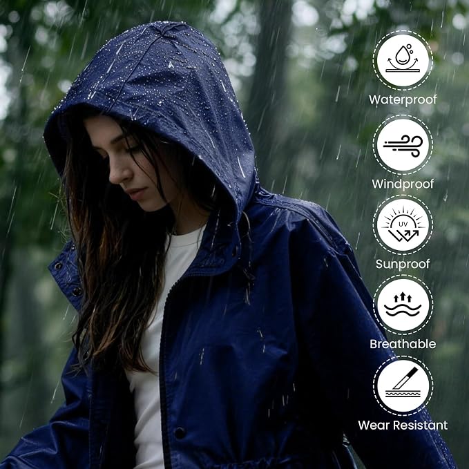 LAMA Womens Long Raincoats Rain Jacket Waterproof Packable Hooded Windbreaker Lightweight Adjustable Waist for Outdoor
