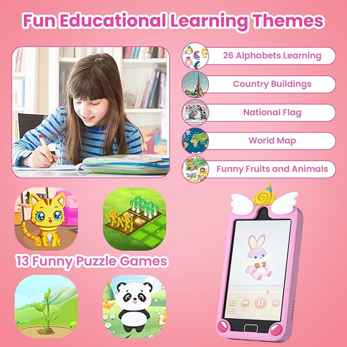 Kids Smart Phone for Girls, 4.0" Touchscreen Dual Camera Cell Phone, Toddler Preschool Learning Educational Toys Birthday Gifts for Age 3 4 5 6 Year Old, Music Player, Puzzle Games, 32GB(Pink)