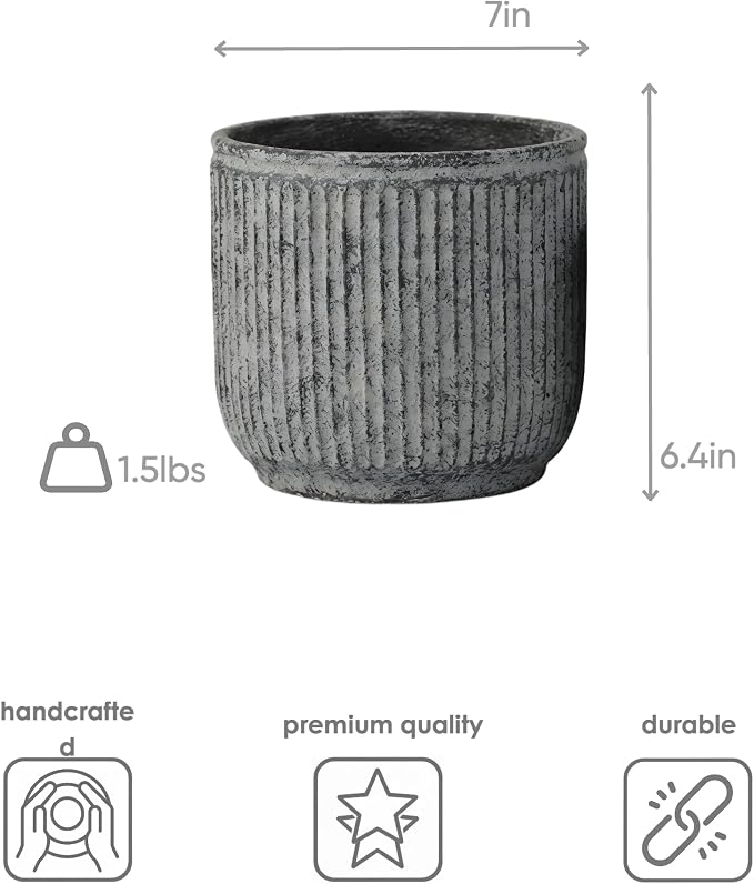 Etrus Small 6.4" Ceramic Vase – Handcrafted Vertical Ribbed Distressed Concrete Finish, 7" Wide – Indoor & Outdoor Modern Décor for Shelf, Desk & Table