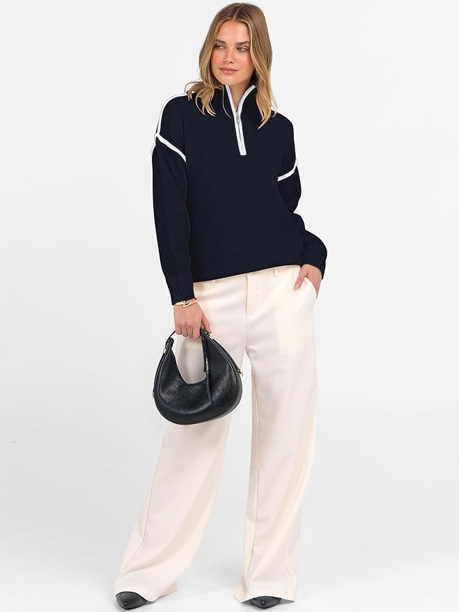 ANRABESS Womens Quarter Zip Sweaters Fall Long Sleeve V Neck Shirts Collared Business Casual Tops Knit Pullover Sweatshirts