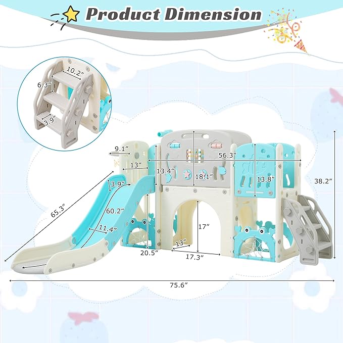 11in 1 Toddler Slide, Kid Slide for Toddlers Age 1-3 with Telescope, Basketball Hoop, and Telescope, Indoor Outdoor Playset Playground Blue Grey