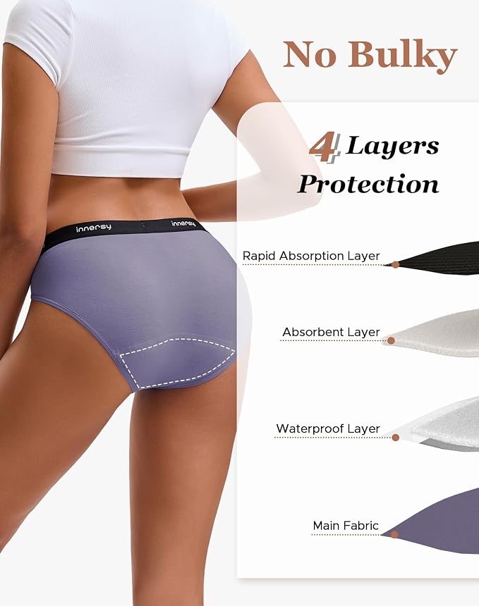 INNERSY Period Underwear Bikini Cotton Leak-Proof Moderate Flow 3-Pack | High-Cut Panties, 20ml Absorbency for Menstrual and Postpartum Protection