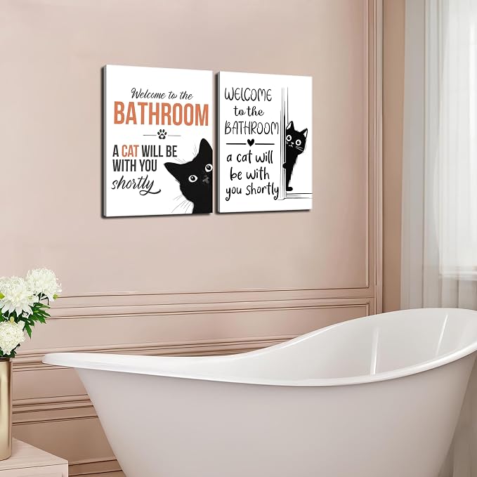 MUWAK Funny Welcome to the Bathroom Slogan Wall Art Set of 2 – Cat will Be With You Shortly Canvas Prints, Funny Bathroom Sign Pictures Wall Decor for Restroom, Washroom – 12x16in