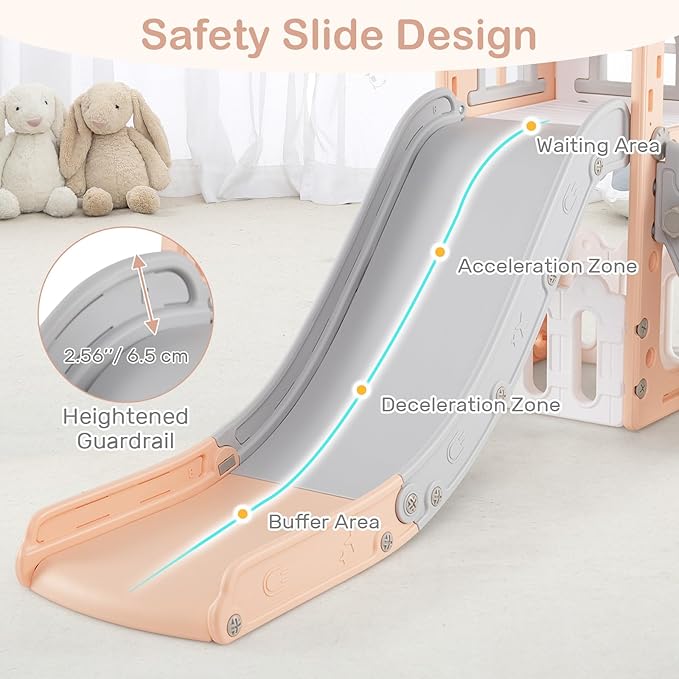 OLAKIDS Toddler Slide, 6 in 1 Kids Indoor Outdoor Playground with Climber Basketball Hoop Telescope Toy Storage for Boys Girls Aged 1+ (Pink, 27'')