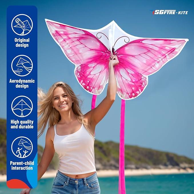 SGftre 3 Piece Set Butterfly Delta Octopus Kites for Kids and Adults，Easy to Fly for Outdoor Adults Children Line Kite for Kids Toy (Pink +Blue Dreamy Butterfly, 2)