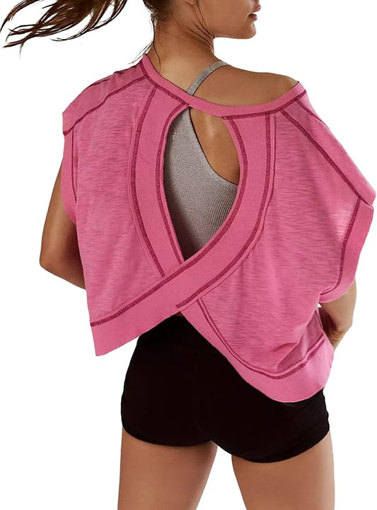 Kumufenc Women Short Sleeve Workout Shirts Open Back Tops Casual Yoga Y2k Athletic Gym Slouchy Crop Running Tees