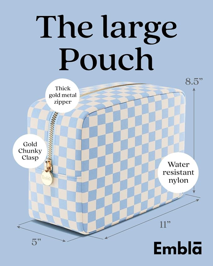 Embla Makeup Bag Travel Cosmetics Pouch and Toiletry Bag, Nylon Zipper Pouch Purse, Cute Make Up Organizer Storage Tote for Women Girls,Travel Skincare Case, Large Makeup Case, Sky Checkered