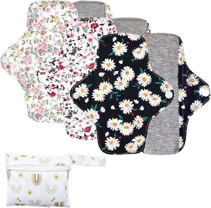Washable Menstrual Pads,Reusable Incontinence Pads,Panty Liners Pads,Period Pads Sanitary Napkins,with 1 Storage Bag,for Women Postpartum/Incontinence Patients(Graphene Colored flower/L/6pcs)
