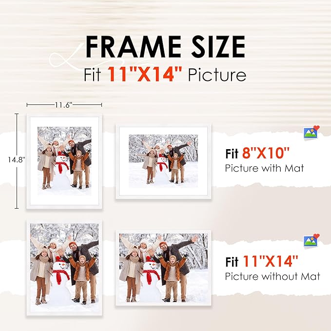 11x14 Picture Frame Set of 2, Photo Frame with HD Plexiglass, Display Pictures 8x10 with Mat or 11x14 Without Mat, White Picture Frames Collage Wall Decor, Gallery Wall Frame