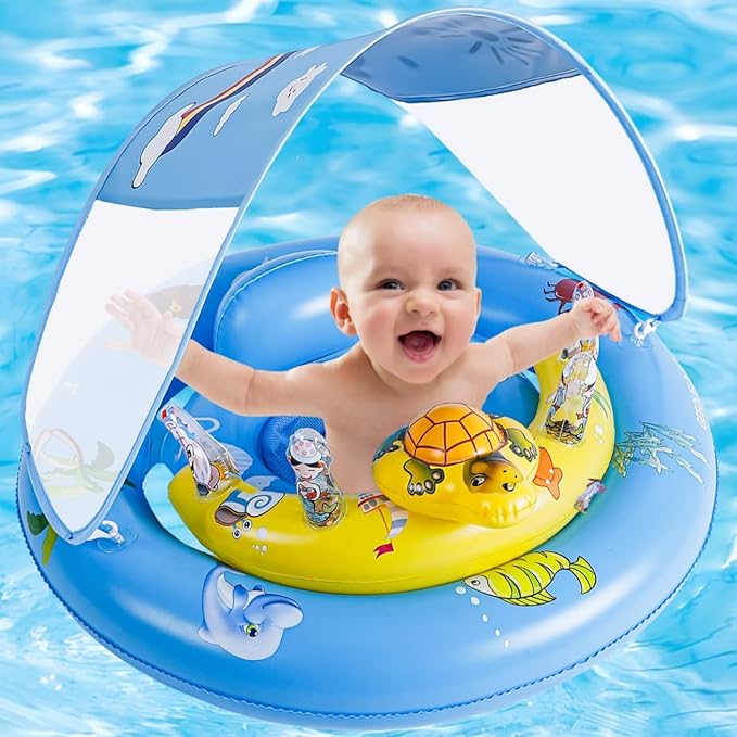 Baby Pool Float,Extra Wide Infant Pool Float,Baby Floaties 6-12 Months,Toddler Swim Float with Canopy Removable UPF50+ Sun Protection＆Toy Play Console,Adjustable Safety Seat,Toddler Floaties (Blue)