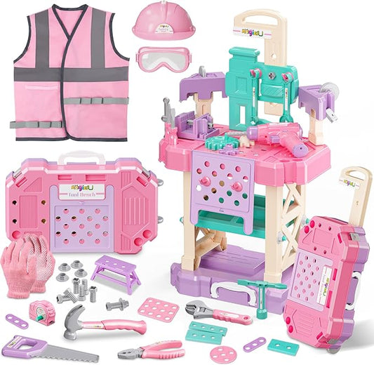 Magic4U Kids Tool Bench Set, 89PCS Toddler Tool Workbench with Electirc Drill 12 Tools Equipement,Safety Vest & Hat,Pretend Play Kids Construction Toys Gift for Girls Boys Age 3,4,5,6,7,8