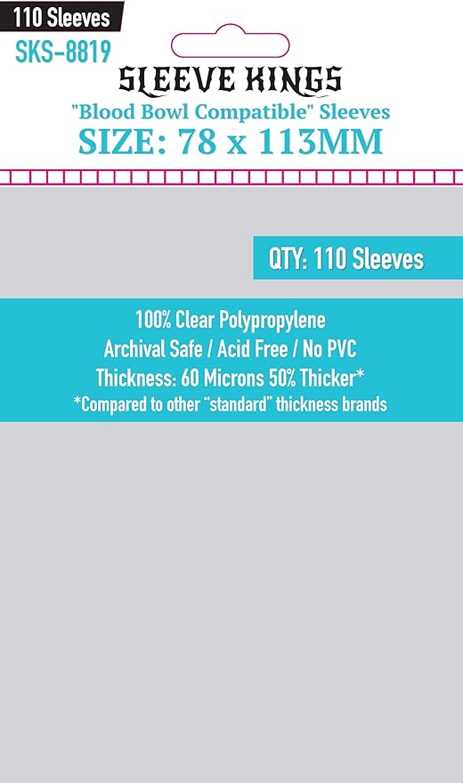 Sleeve Kings Standard Card Sleeves – 110 Count, Clear 60 Micron Thickness, Large Size (78 x 113 mm), Compatible with Blood Bowl & More – SKU: SKS-8819