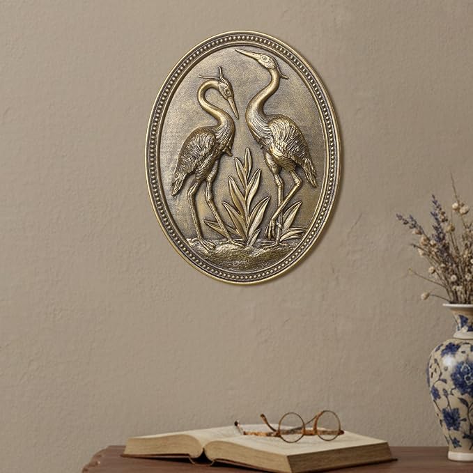 Vintage Crane Wall Sculpture, Antique Wall Decor, Crane Wall Art, Hand Painted Wall Decoration with Embossed Couple Birds Design, Heron Wall Art, Vintage Wall Decor for Living Room Bedroom Dining Room Hallway, Housewarming Gifts