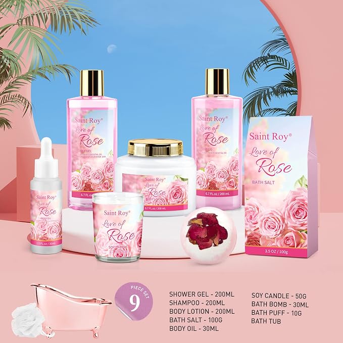 Spa Gifts for Women Rose Spa Gifts Bath and Body Gift Basket Set Care Kit | Bath Gift Set Self Care Pampering Kit with Shower Gel, Christmas, Valentines Day Gift for Mom, Birthday Gifts for Her, Wife