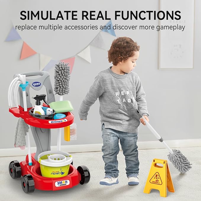 Toddler Cleaning Set，Kids Cleaning Toy Set，New 29-Piece Detachable Kids Cleaning Set for Toddlers - Pretend Play Educational Cleaning Carts (red)