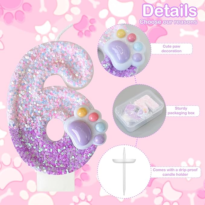 Pink Cat and Dog Paw Birthday Number Candles, Cupcake Decorations, Dog Theme Candles, Suitable for Party Celebrations, Birthday Decoration Supplies (Number 6)