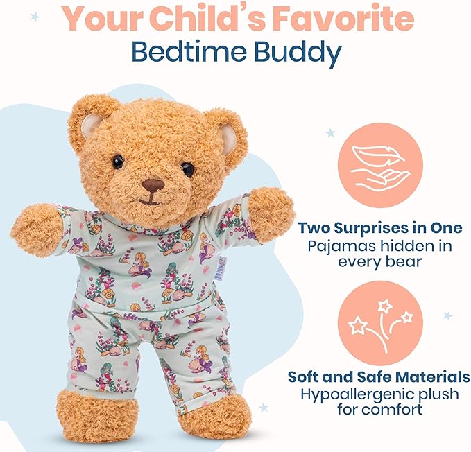 Zip N' Bear Soft Plush Teddy Bear Stuffed Animal with Mystic Mermaid Pajamas - Zippy The Bear Cute Cuddly Plush Toy, Perfect Sensory Teddy for Kids, Toddlers - Adorable Gift & Bedtime Companion