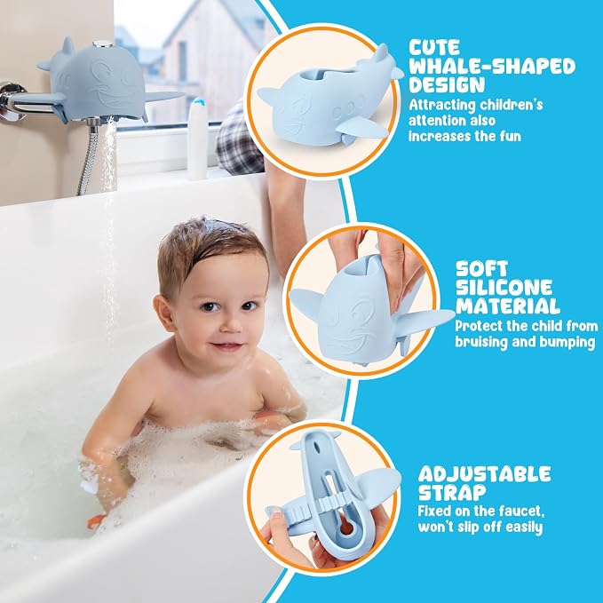 Bath Spout Cover, Baby Bathtub Faucet Cover, Universal Silicone Safety Guard with Anti-Slip Strap, Whale Design for Kids/Toddlers, Prevents Bumps & Scalds (Pink)