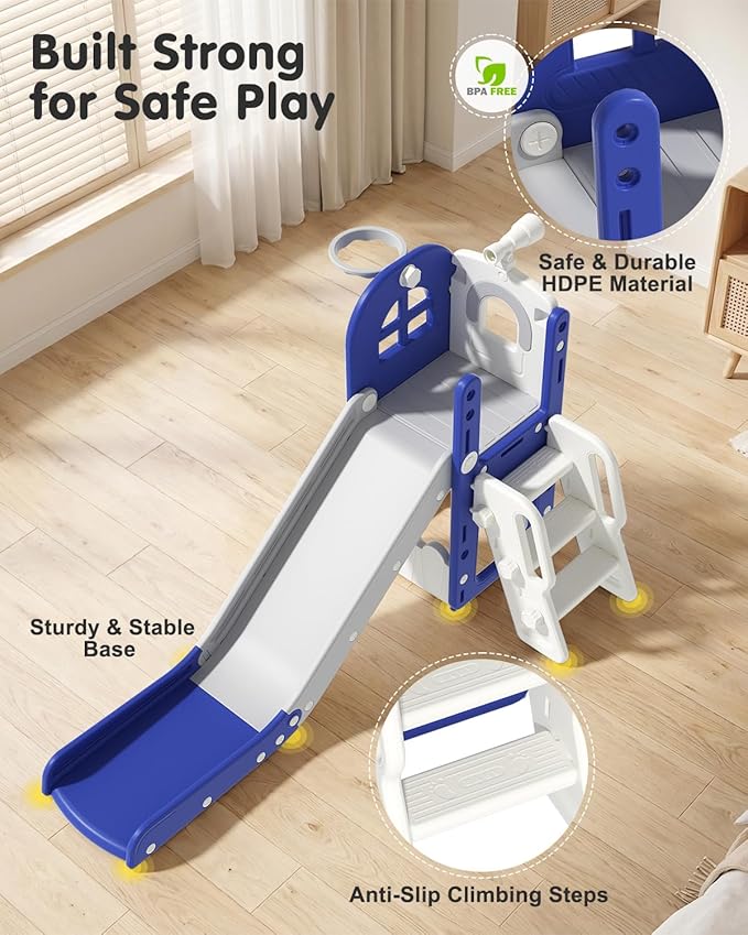 Babytronic Toddler Slide for Kids 1-3, 6-in-1 Toddler Slide Set with Basketball Hoop & Telescope, Indoor Outdoor Toddler Playset, Kids Climber Playset for Small Spaces, Indoor Playground, Blue & Gray
