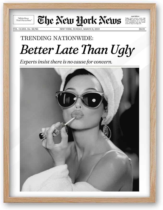 iHery 16x20in Audrey Hepburn Better Late Than Ugly Framed Bathroom Art | Natural OAK Wood Frame with Canvas Print, Vintage Fashion Wall Decor for Bathroom, Bedroom, Apartment and Girl Dorm, 1Pack