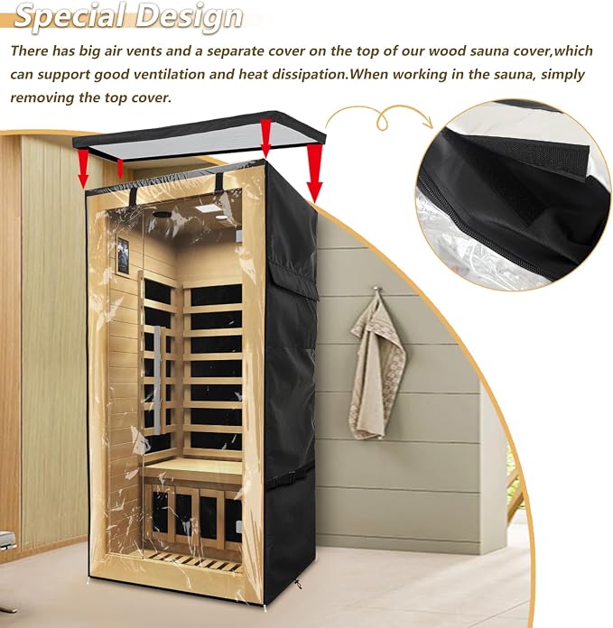 Outdoor Wood Sauna Cover,Sauna Covers with Separate Top Cover for Wood Home Spa Saunas,37" Lx29 Dx62 H with PVC Clear Door Design,Black