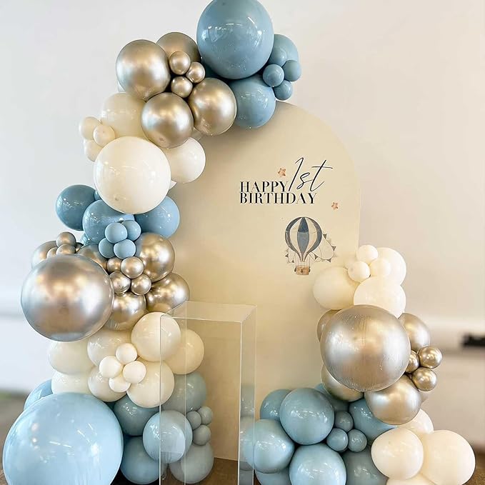 Dusty Blue and Gold Balloons 60 Pcs, 12 Inch Dusty Baby Blue Chrome Gold Balloon Cream Sand White Balloon for Boy Baby Shower Decorations Bridal Shower Gender Reveal Boho Birthday Party Supplies