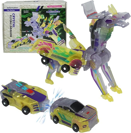 Dinosaur Collision Transforming Car Toy,Magnetic Cars Transform Into Dinosaurs,Transformation Car Toys for Boys & Girls with Transform Feature (Crystal-Color)