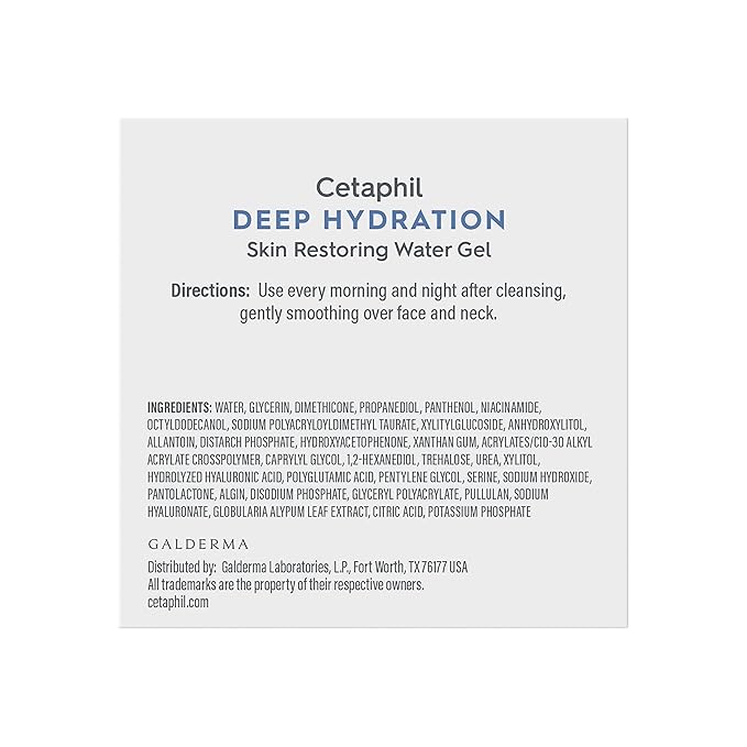 Cetaphil Deep Hydration Skin Restoring Water Gel with Hyaluronic and Polyglutamic Acid, Face Moisturizer, 72 Hour Hydration, For Dry, Dehydrated Sensitive Skin, Fragrance Free, 1.7 oz (Pack of 2)