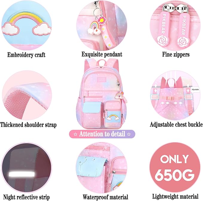Rainbow Backpack For Girls Kids,Cute Student School Backpack With Pen Bag,Aesthetic Starry Rainbow Laptop Travel Bag