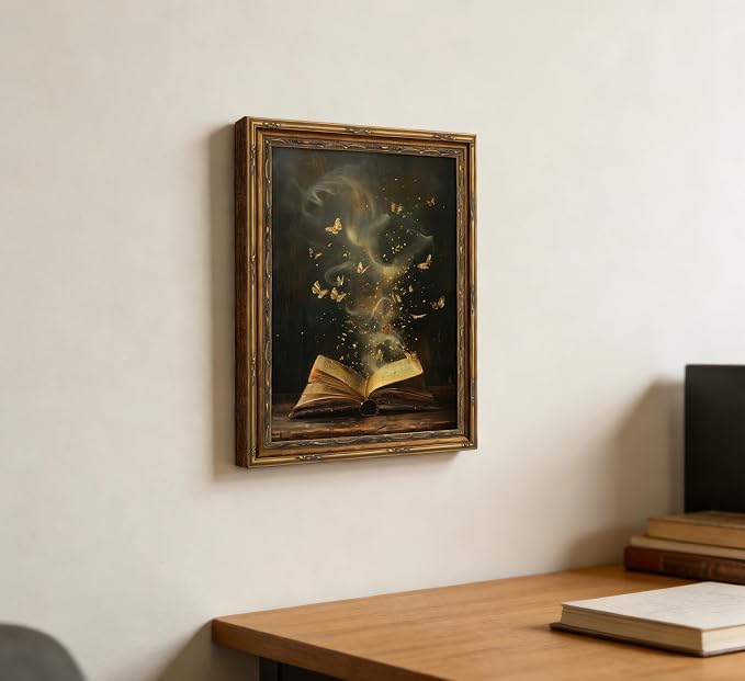 Vintage Gold Framed Victorian Bookish Wall Art Dark Academia Library Fantasy Mystical Canvas Print Reading Nook Butterfly Aesthetic Picture Wall Decor Gothic Bookclub Poster Artwork for Library