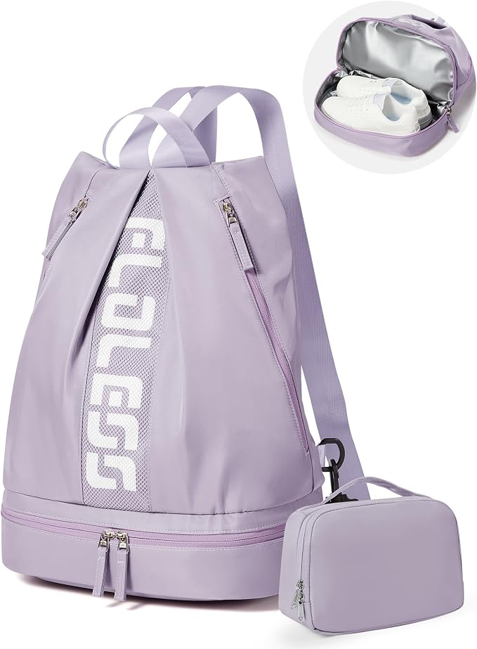 Gym Backpack for Women with Shoe Compartment, Sport Backpack Casual Daypack for Girls, Small Cheer Bag Outdoor Leisure with Toiletry Bag, Purple